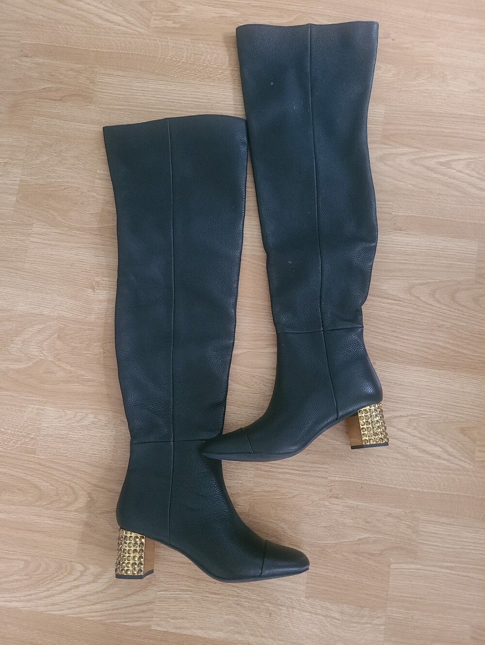 Black Knee-High Leather Boots with Gold Studded Block Heel